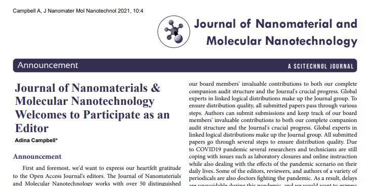 Journal of Nanomaterials & Molecular Nanotechnology Welcomes to Participate as an Editor